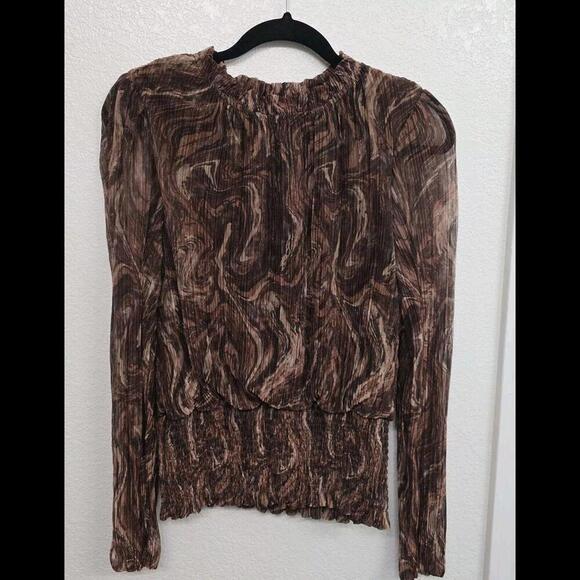 Joie Tops - Joie Long Sleeve Smocked Brown Metallic Printed Blouse Size L Lined Lightweight